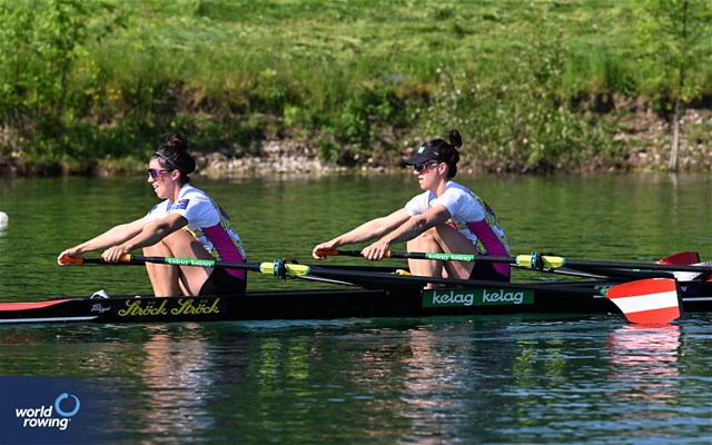 Katharina Lobnig (b), Magdalena Lobnig (s), Women's Double Sculls, Austria, 2023 World Rowing Cup I, Zagreb, Croatia © Detlev Seyb / MyRowingPhoto.com