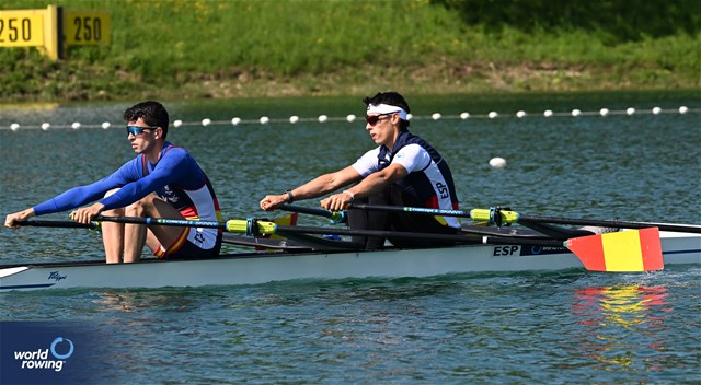 Caetano Horta Pombo (b), Manel Balastegui (s), Lightweight Men's Double Sculls, Spain, 2023 World Rowing Cup I, Zagreb, Croatia © Detlev Seyb / MyRowingPhoto.com