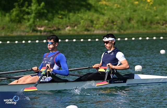 Caetano Horta Pombo (b), Manel Balastegui (s), Lightweight Men's Double Sculls, Spain, 2023 World Rowing Cup I, Zagreb, Croatia © Detlev Seyb / MyRowingPhoto.com