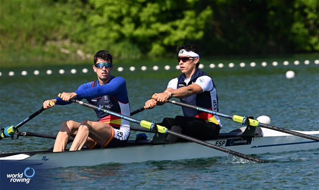 Caetano Horta Pombo (b), Manel Balastegui (s), Lightweight Men's Double Sculls, Spain, 2023 World Rowing Cup I, Zagreb, Croatia © Detlev Seyb / MyRowingPhoto.com