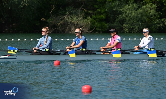 Nataliya Dovgodko (b), Daryna Verkhogliad, Anastasiia Kozhenkova, Kateryna Dudchenko (s), Women's Quadruple Sculls, Ukraine, 2023 World Rowing Cup I, Zagreb, Croatia © Detlev Seyb / MyRowingPhoto.com