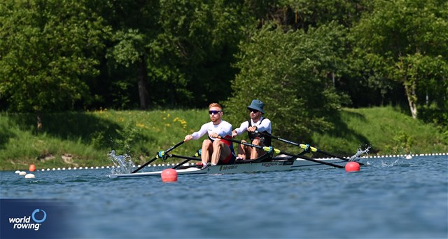 Jiri Simanek (b), Miroslav Vrastil (s), Lightweight Men's Double Sculls, Czech Republic, 2023 World Rowing Cup I, Zagreb, Croatia © Detlev Seyb / MyRowingPhoto.com