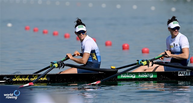 Katharina Lobnig (b), Magdalena Lobnig (s), Women's Double Sculls, Austria, 2023 World Rowing Cup I, Zagreb, Croatia © Detlev Seyb / MyRowingPhoto.com