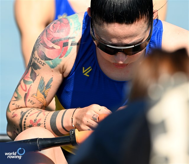 Diana Serebrianska (b), Yevheniia Dovhodko (s), Women's Double Sculls, Ukraine, 2023 World Rowing Cup I, Zagreb, Croatia © Detlev Seyb / MyRowingPhoto.com