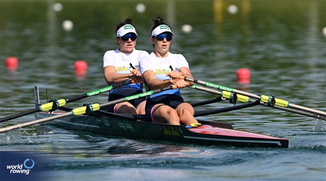 Katharina Lobnig (b), Magdalena Lobnig (s), Women's Double Sculls, Austria, 2023 World Rowing Cup I, Zagreb, Croatia © Detlev Seyb / MyRowingPhoto.com