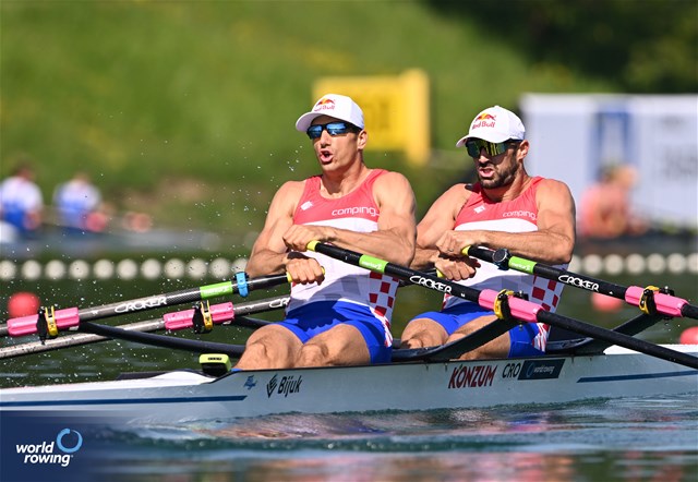 Martin Sinkovic (b), Valent Sinkovic (s), Men's Double Sculls, Croatia, 2023 World Rowing Cup I, Zagreb, Croatia © Detlev Seyb / MyRowingPhoto.com