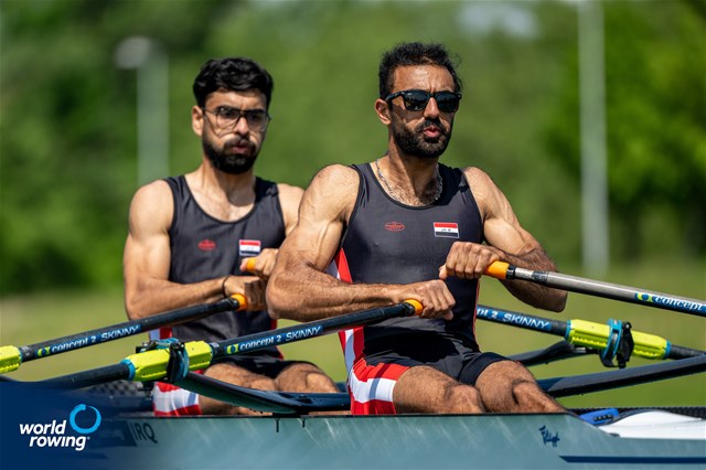 Ezzulddin Haayali (b), Mohammed Al-Khafaji (s), Lightweight Men's Double Sculls, Iraq, 2023 World Rowing Cup I, Zagreb, Croatia / World Rowing / Benedict Tufnell