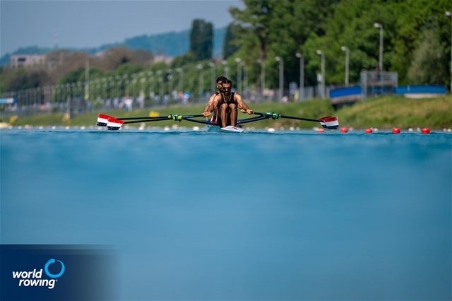 Ezzulddin Haayali (b), Mohammed Al-Khafaji (s), Lightweight Men's Double Sculls, Iraq, 2023 World Rowing Cup I, Zagreb, Croatia / World Rowing / Benedict Tufnell
