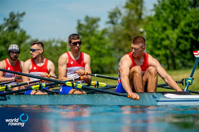 Karlo Borkovic (b), Davor Poljancic, Roko Boskovic, Fran Suk (s), Men's Quadruple Sculls, Croatia, 2023 World Rowing Cup I, Zagreb, Croatia / World Rowing / Benedict Tufnell