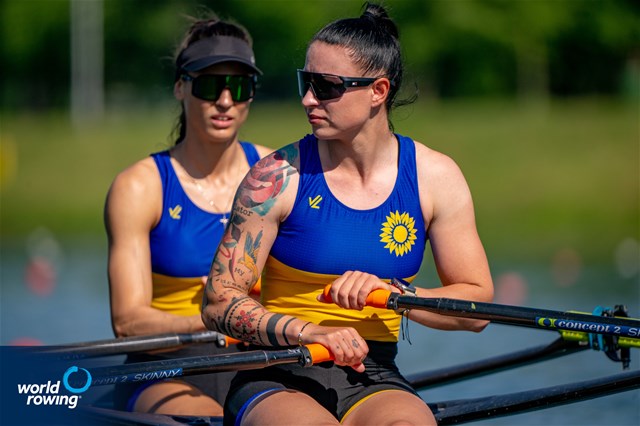 Diana Serebrianska (b), Yevheniia Dovhodko (s), Women's Double Sculls, Ukraine, 2023 World Rowing Cup I, Zagreb, Croatia / World Rowing / Benedict Tufnell