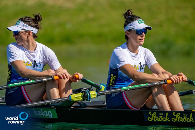 Katharina Lobnig (b), Magdalena Lobnig (s), Women's Double Sculls, Austria, 2023 World Rowing Cup I, Zagreb, Croatia / World Rowing / Benedict Tufnell
