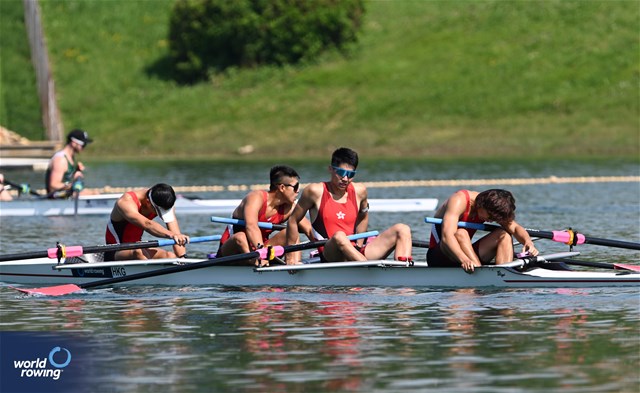 Man Hon Yeung (b), Siu Po To, Yee Ping Chau, Ho Yin Wong (s), Men's Four, Hong Kong, China, 2023 World Rowing Cup I, Zagreb, Croatia © Detlev Seyb / MyRowingPhoto.com