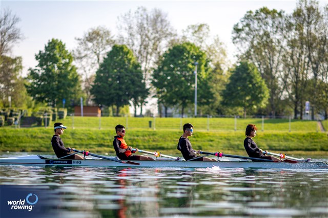 Man Hon Yeung (b), Siu Po To, Yee Ping Chau, Ho Yin Wong (s), Men's Four, Hong Kong, China, 2023 World Rowing Cup I, Zagreb, Croatia © World Rowing / Benedict Tufnell