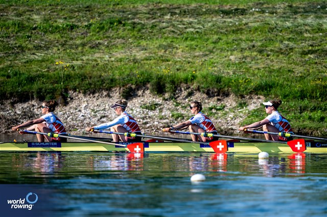Salome Ulrich (b), Fabienne Schweizer, Lisa Loetscher, Sofia Meakin (s), Women's Quadruple Sculls, Switzerland, 2023 World Rowing Cup I, Zagreb, Croatia © World Rowing / Benedict Tufnell