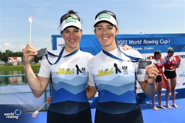 Katharina Lobnig (b), Magdalena Lobnig (s), Women's Double Sculls, Austria, 2023 World Rowing Cup I, Zagreb, Croatia © Detlev Seyb
