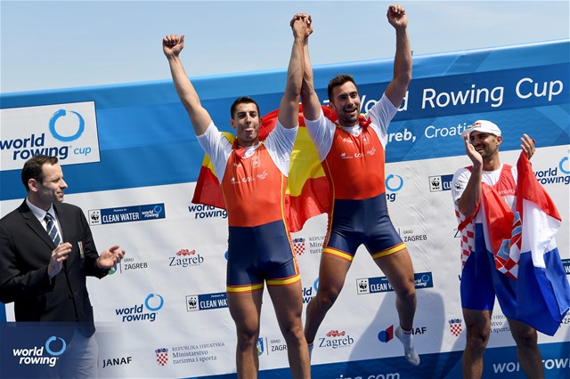 Aleix Garci Garcia Pujolar (b), Rodrigo Conde Romero (s), Men's Double Sculls, Spain, 2023 World Rowing Cup I, Zagreb, Croatia © Detlev Seyb
