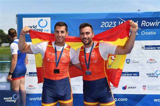 Aleix Garci Garcia Pujolar (b), Rodrigo Conde Romero (s), Men's Double Sculls, Spain, 2023 World Rowing Cup I, Zagreb, Croatia © Detlev Seyb