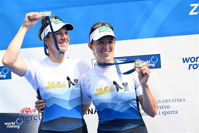 Katharina Lobnig (b), Magdalena Lobnig (s), Women's Double Sculls, Austria, 2023 World Rowing Cup I, Zagreb, Croatia © Detlev Seyb