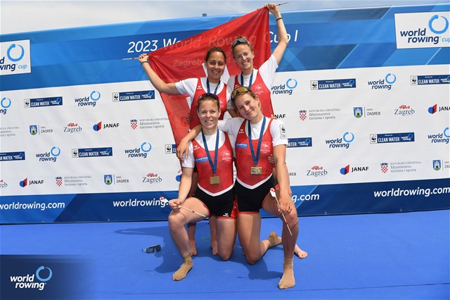 Patricia Merz (b), Frederique Rol (s), Lightweight Women's Double Sculls, Switzerland, Eline Rol (b), Olivia Nacht (s), Lightweight Women's Double Sculls, Switzerland, 2023 World Rowing Cup I, Zagreb, Croatia © Detlev Seyb