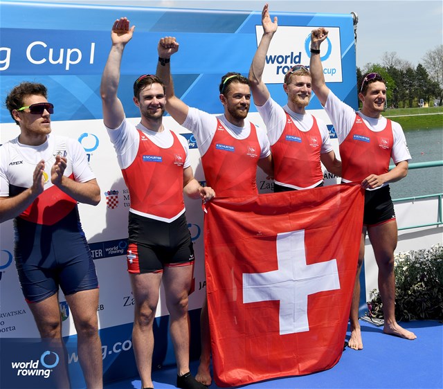 Scott Baerlocher (b), Jan Jonah Plock, Nils Schneider, Maurin Lange (s), Men's Quadruple Sculls, Switzerland, 2023 World Rowing Cup I, Zagreb, Croatia © Detlev Seyb