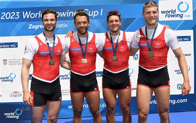 Scott Baerlocher (b), Jan Jonah Plock, Nils Schneider, Maurin Lange (s), Men's Quadruple Sculls, Switzerland, 2023 World Rowing Cup I, Zagreb, Croatia © Detlev Seyb