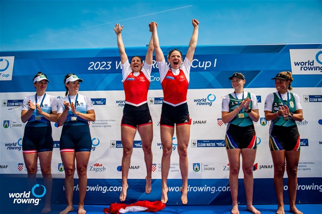 Fabienne Schweizer, Lisa Loetscher, Switzerland, gold, Katharina Lobnig, Magdalena Lobnig, Austria, gold, Paige Badenhorst, Katherine Williams, South Africa, bronze, Womens Double Sculls, 2023 World Rowing Cup I, Zagreb, Croatia © World Rowing / Benedict Tufnell