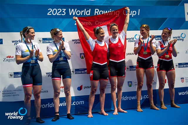 Patricia Merz, Frederique Rol, Switzerland, gold, Lara Tiefenthaler, Louisa Altenhuber, Austria, silver, Eline Rol, Olivia Nacht, Switzerland, bronze, Lightweight Womens Double Sculls, 2023 World Rowing Cup I, Zagreb, Croatia © World Rowing / Benedict Tufnell