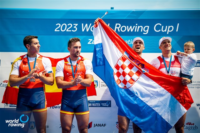 Martin Sinkovic, Valent Sinkovic, Croatia, gold, Aleix Garci Garcia Pujolar, Rodrigo Conde Romero, Spain, silver, Mens Double Sculls, 2023 World Rowing Cup I, Zagreb, Croatia © World Rowing / Benedict Tufnell