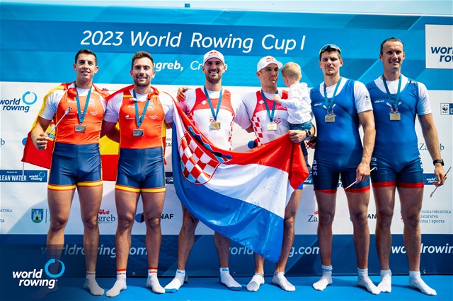 Martin Sinkovic, Valent Sinkovic, Croatia, gold, Aleix Garci Garcia Pujolar, Rodrigo Conde Romero, Spain, silver, Aleksandar Bedik, Aleksandar Filipovic, Serbia, bronze, Mens Double Sculls, 2023 World Rowing Cup I, Zagreb, Croatia © World Rowing / Benedict Tufnell