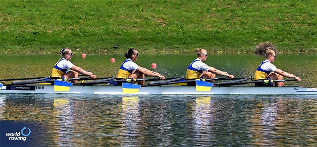 Nataliya Dovgodko (b), Daryna Verkhogliad, Anastasiia Kozhenkova, Kateryna Dudchenko (s), Women's Quadruple Sculls, Ukraine, 2023 World Rowing Cup I, Zagreb, Croatia © Detlev Seyb/MyRowingPhoto.com