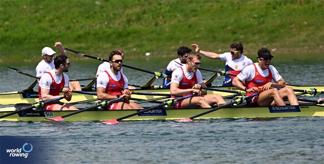 Scott Baerlocher (b), Jan Jonah Plock, Nils Schneider, Maurin Lange (s), Men's Quadruple Sculls, Switzerland, 2023 World Rowing Cup I, Zagreb, Croatia © Detlev Seyb/MyRowingPhoto.com