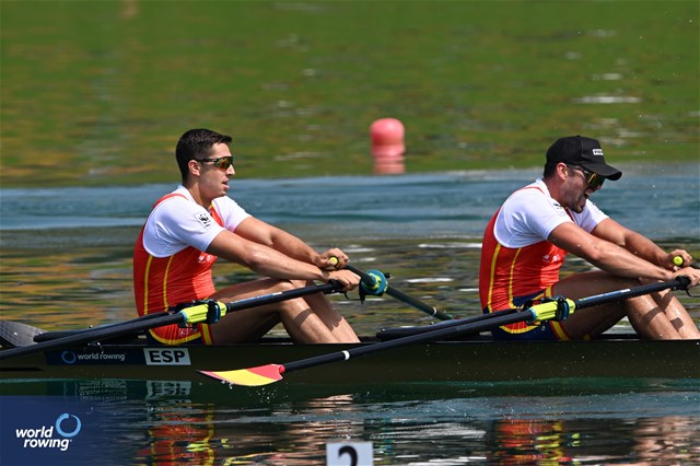 Aleix Garci Garcia Pujolar (b), Rodrigo Conde Romero (s), Men's Double Sculls, Spain, 2023 World Rowing Cup I, Zagreb, Croatia © Detlev Seyb/MyRowingPhoto.com