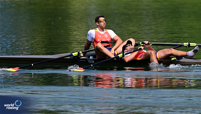 Aleix Garci Garcia Pujolar (b), Rodrigo Conde Romero (s), Men's Double Sculls, Spain, 2023 World Rowing Cup I, Zagreb, Croatia © Detlev Seyb/MyRowingPhoto.com
