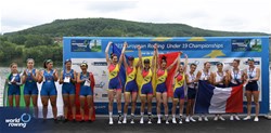 Bianca Camelia Ifteni, Iuliana Isabela Boldea, Delia Mirabela Gradinaciuc, Gabriela Tivodariu, Irina Lucia Andreea Despa, Women's Coxed Four, Romania, Gold, Petra Testori, Sara Lucia Caterisano, Matilde Orsetti, Alice Pettinari, Margherita Fanchi, Italy, Silver, Emmie Bry, Celia Bry, Lola Goessens, Alix Leduc, Theo Ruggeri, France, Bronze, 2023 European Rowing Under 19 Championships, Brive-la-Gaillarde, France / Detlev Seyb/MyRowingPhoto.com