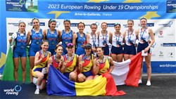 Bianca Camelia Ifteni, Iuliana Isabela Boldea, Delia Mirabela Gradinaciuc, Gabriela Tivodariu, Irina Lucia Andreea Despa, Women's Coxed Four, Romania, Gold, Petra Testori, Sara Lucia Caterisano, Matilde Orsetti, Alice Pettinari, Margherita Fanchi, Italy, Silver, Emmie Bry, Celia Bry, Lola Goessens, Alix Leduc, Theo Ruggeri, France, Bronze, 2023 European Rowing Under 19 Championships, Brive-la-Gaillarde, France / Detlev Seyb/MyRowingPhoto.com