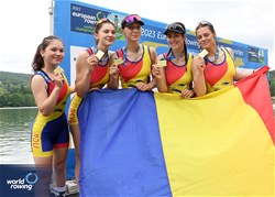 Bianca Camelia Ifteni, Iuliana Isabela Boldea, Delia Mirabela Gradinaciuc, Gabriela Tivodariu, Irina Lucia Andreea Despa, Women's Coxed Four, Romania, Gold, 2023 European Rowing Under 19 Championships, Brive-la-Gaillarde, France / Detlev Seyb/MyRowingPhoto.com