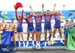 Erdem Ahmet, Gokmen Kaan Sezer, Yigit Yasar Dogruok, Yusuf Ziya Ates, Selin Boz, Men's Coxed Four, Turkiye, Gold, 2023 European Rowing Under 19 Championships, Brive-la-Gaillarde, France / Detlev Seyb/MyRowingPhoto.com