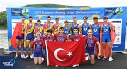 Erdem Ahmet, Gokmen Kaan Sezer, Yigit Yasar Dogruok, Yusuf Ziya Ates, Selin Boz, Men's Coxed Four, Turkiye, Gold, Constantin Filip, Fabrizio Alexandru Scripcariu, Darius Florin Simion, Stefan Bogdan Moales, Alexandru Nedelcu, Romania, Silver, Luca Cassina, Michele Minazzato, Natan Sartor, Filippo Bancora, Leo Vaughan Bozzetta, Italy, Bronze, 2023 European Rowing Under 19 Championships, Brive-la-Gaillarde, France / Detlev Seyb/MyRowingPhoto.com