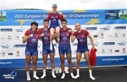 Erdem Ahmet, Gokmen Kaan Sezer, Yigit Yasar Dogruok, Yusuf Ziya Ates, Selin Boz, Men's Coxed Four, Turkiye, Gold, 2023 European Rowing Under 19 Championships, Brive-la-Gaillarde, France / Detlev Seyb/MyRowingPhoto.com