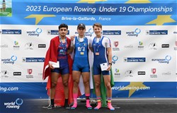 Marco Selva, Men's Single Sculls, Italy, Gold, Halil Kaan Koroglu, Turkiye, Silver, Peter Strecansky, Slovakia, Bronze, 2023 European Rowing Under 19 Championships, Brive-la-Gaillarde, France / Detlev Seyb/MyRowingPhoto.com