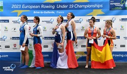 Lea Herscovici, Leontine Fouquet, Women's Pair, France, Gold, Marta Orefice, Giulia Orefice, Italy, Silver, Haizea Gozategi Urbieta, June Balda Berra, Spain, Bronze, 2023 European Rowing Under 19 Championships, Brive-la-Gaillarde, France / Detlev Seyb/MyRowingPhoto.com