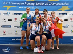 Lea Herscovici, Leontine Fouquet, Women's Pair, France, Gold, Marta Orefice, Giulia Orefice, Italy, Silver, Haizea Gozategi Urbieta, June Balda Berra, Spain, Bronze, 2023 European Rowing Under 19 Championships, Brive-la-Gaillarde, France / Detlev Seyb/MyRowingPhoto.com