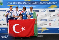 Aytimur Selcuk, Enes Biber, Men's Pair, Turkiye, Gold, Victor Martin, Louis Descot - Vigouroux, France, Silver, Guglielmo Melegari, Francesco Garruccio, Italy, Bronze, 2023 European Rowing Under 19 Championships, Brive-la-Gaillarde, France / Detlev Seyb/MyRowingPhoto.com
