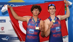 Aytimur Selcuk, Enes Biber, Men's Pair, Turkiye, Gold, 2023 European Rowing Under 19 Championships, Brive-la-Gaillarde, France / Detlev Seyb/MyRowingPhoto.com
