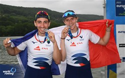 Victor Martin, Louis Descot - Vigouroux, Men's Pair, France, Silver, 2023 European Rowing Under 19 Championships, Brive-la-Gaillarde, France / Detlev Seyb/MyRowingPhoto.com
