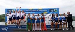 Lucrezia Monaci, Angelica Erpini, Francesca Rubeo, Giorgia Sciattella, Women's Four, Italy, Gold, Mary Stephan, Victoire Quettier - Mounien, Capucine Roussel, Sarah Brunel, France, Silver, Sotiria Michailidi, Efthymia Koukloumperi, Christina Papaioannou, Dimitra Papaioannou, Greece, Bronze, 2023 European Rowing Under 19 Championships, Brive-la-Gaillarde, France / Detlev Seyb/MyRowingPhoto.com