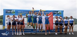 Lucrezia Monaci, Angelica Erpini, Francesca Rubeo, Giorgia Sciattella, Women's Four, Italy, Gold, Mary Stephan, Victoire Quettier - Mounien, Capucine Roussel, Sarah Brunel, France, Silver, Sotiria Michailidi, Efthymia Koukloumperi, Christina Papaioannou, Dimitra Papaioannou, Greece, Bronze, 2023 European Rowing Under 19 Championships, Brive-la-Gaillarde, France / Detlev Seyb/MyRowingPhoto.com
