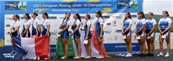 Lucrezia Monaci, Angelica Erpini, Francesca Rubeo, Giorgia Sciattella, Women's Four, Italy, Gold, Mary Stephan, Victoire Quettier - Mounien, Capucine Roussel, Sarah Brunel, France, Silver, Sotiria Michailidi, Efthymia Koukloumperi, Christina Papaioannou, Dimitra Papaioannou, Greece, Bronze, 2023 European Rowing Under 19 Championships, Brive-la-Gaillarde, France / Detlev Seyb/MyRowingPhoto.com