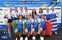 Lucrezia Monaci, Angelica Erpini, Francesca Rubeo, Giorgia Sciattella, Women's Four, Italy, Gold, Mary Stephan, Victoire Quettier - Mounien, Capucine Roussel, Sarah Brunel, France, Silver, Sotiria Michailidi, Efthymia Koukloumperi, Christina Papaioannou, Dimitra Papaioannou, Greece, Bronze, 2023 European Rowing Under 19 Championships, Brive-la-Gaillarde, France / Detlev Seyb/MyRowingPhoto.com