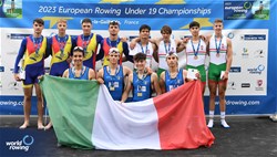 Leonardo Sostegni, Tommaso Lagana', Lorenzo Rasoli, Cosimo Chiappi, Men's Four, Italy, Gold, 2023 European Rowing Under 19 Championships, Brive-la-Gaillarde, France / Detlev Seyb/MyRowingPhoto.com